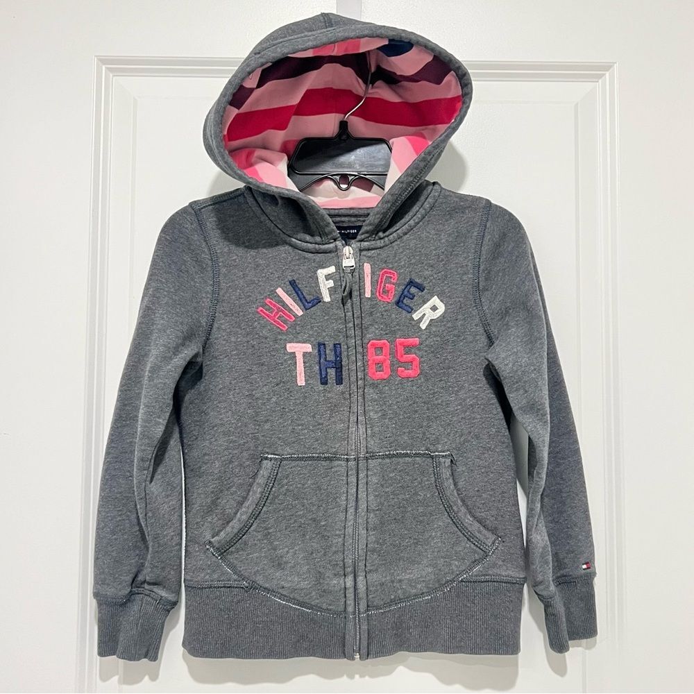 Tommy Hilfiger Girls' Zip Up Hoodie Heather Gray Pink Stripes Sz. Small (6-7)